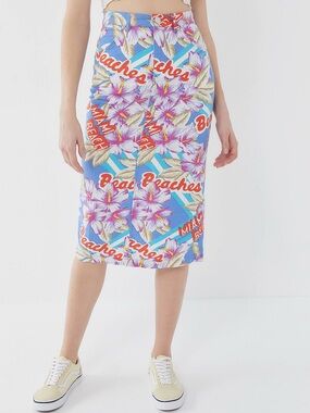 Urban Outfitters Linen Midi Skirt Tropical Floral Beach Hawaii Coconut Girl Y2K